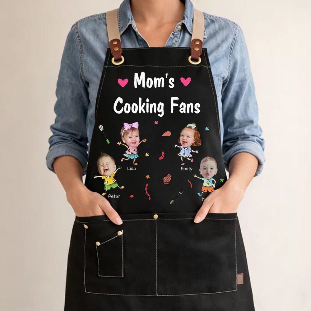 Custom Mom's Kitchen Crew Apron Featuring Kids Cartoon Mother's Day Gift