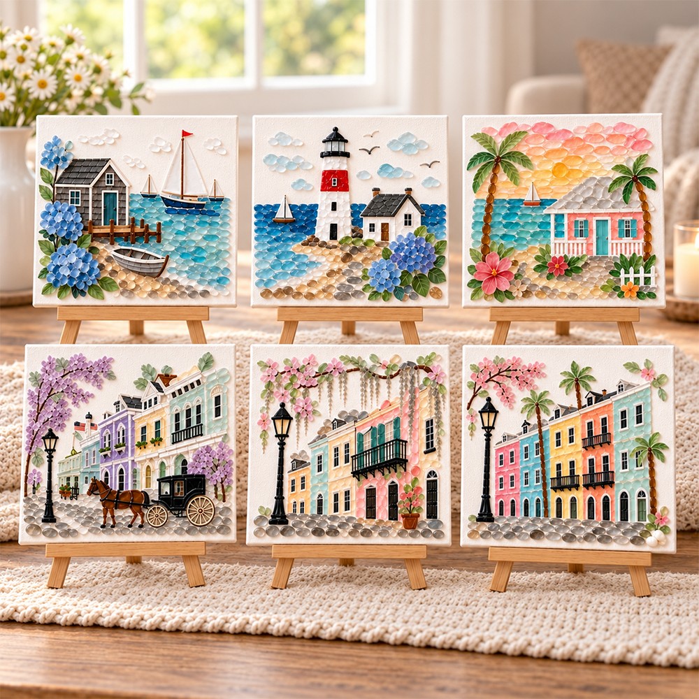 Sea Glass Mosaic Art Kit, Coastal Beach Town DIY Craft Set,Ocean Inspired Wall Art Project, Family Craft Night Activity