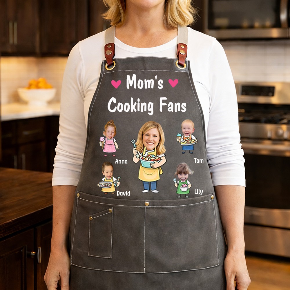 Custom Mom's Kitchen Crew Apron Featuring Kids Cartoon Mother's Day Gift