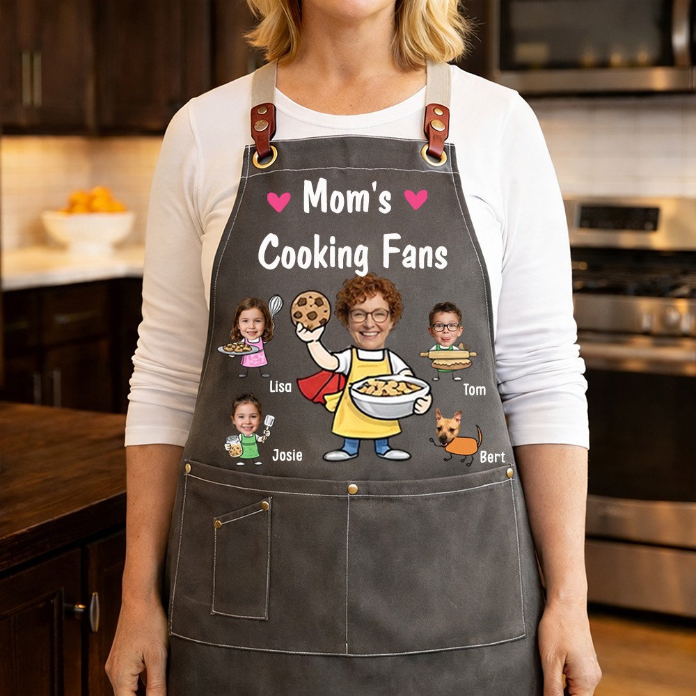 Custom Mom's Kitchen Crew Apron Featuring Kids Cartoon Mother's Day Gift