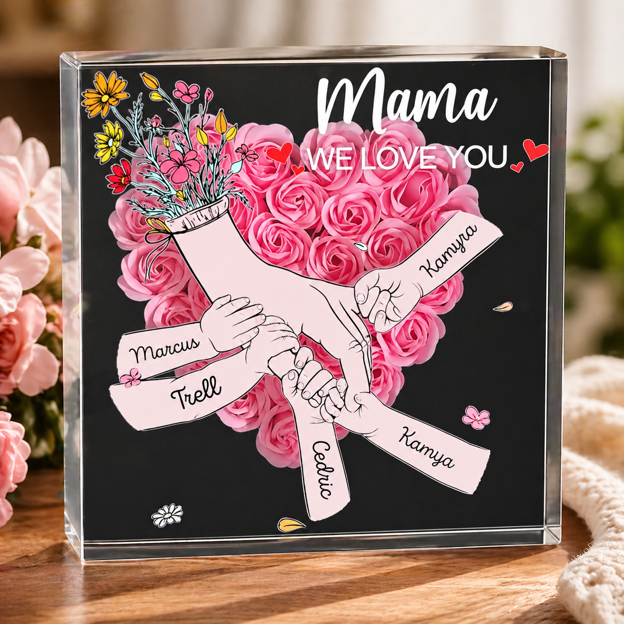 Personalized Holding Hands Flower Shadow Box With LED Light