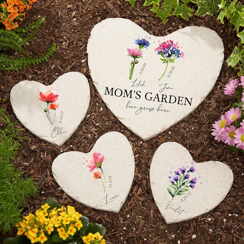 Personalized Birth Month Flower Heart Garden Stone with Names For Mother's Day