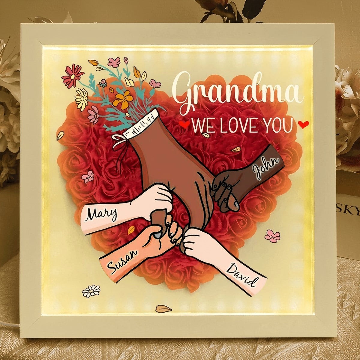 Personalized Multiracial Family LED Lighted Flower Shadow Box For Mother's Day