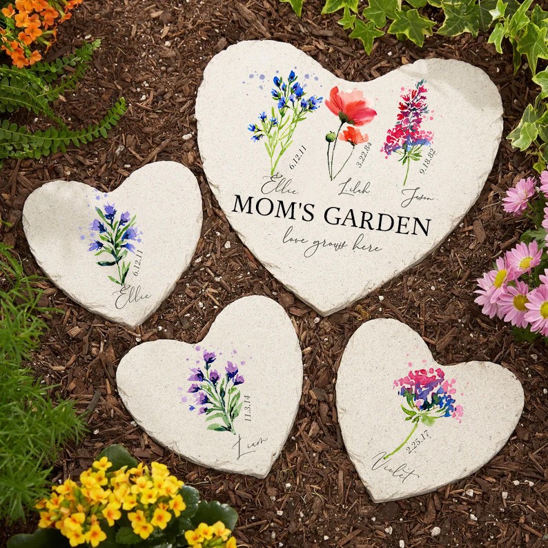 Personalized Birth Month Flower Heart Garden Stone with Names For Mother's Day
