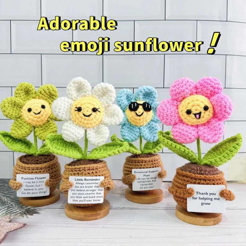 Cute Handmade Crochet Emoji Sunflowers Emotional Support Gift Set