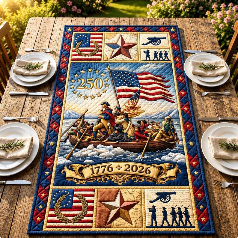 Patriotic Americana Quilted Table Runner for America 250th Anniversary Dining Room Decor