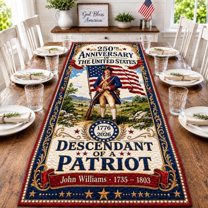 Patriotic Americana Quilted Table Runner for America 250th Anniversary Dining Room Decor