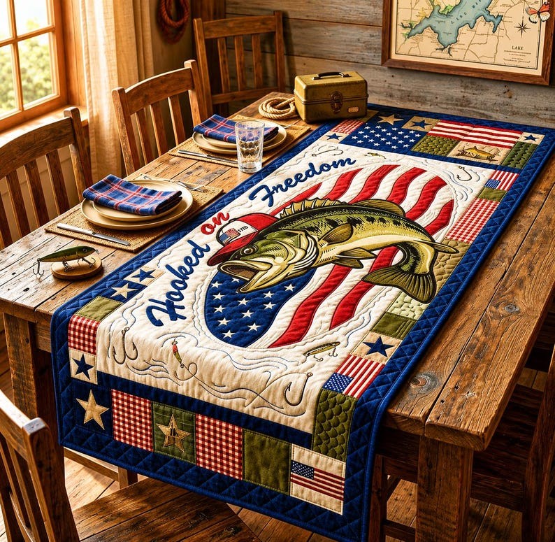 Patriotic Americana Quilted Table Runner for America 250th Anniversary Dining Room Decor