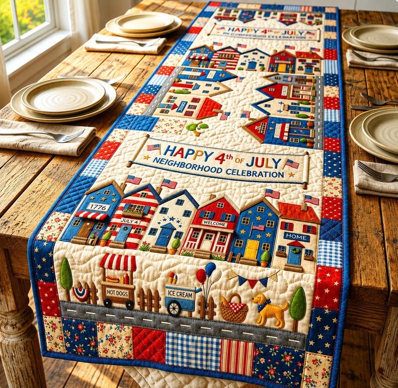 Patriotic Americana Quilted Table Runner for America 250th Anniversary Dining Room Decor