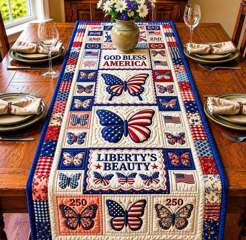 Patriotic Americana Quilted Table Runner for America 250th Anniversary Dining Room Decor