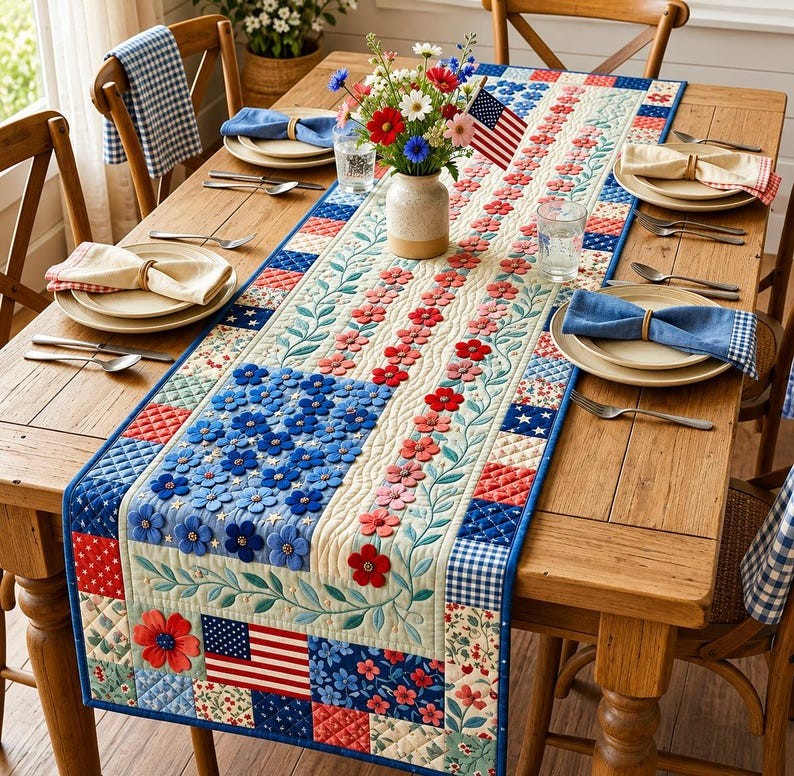 Patriotic Americana Quilted Table Runner for America 250th Anniversary Dining Room Decor