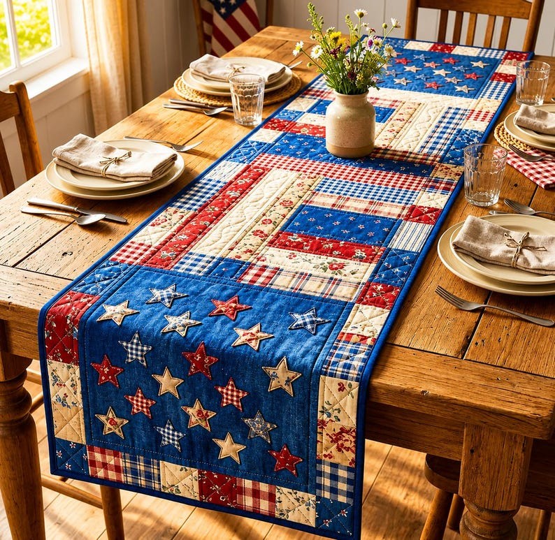Patriotic Americana Quilted Table Runner for America 250th Anniversary Dining Room Decor