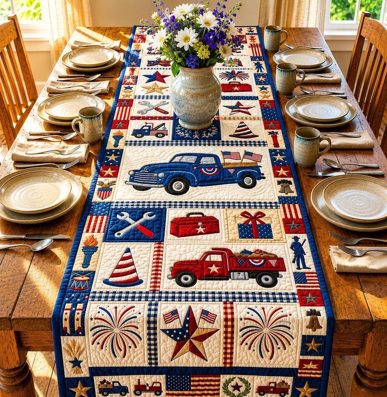 Patriotic Americana Quilted Table Runner for America 250th Anniversary Dining Room Decor