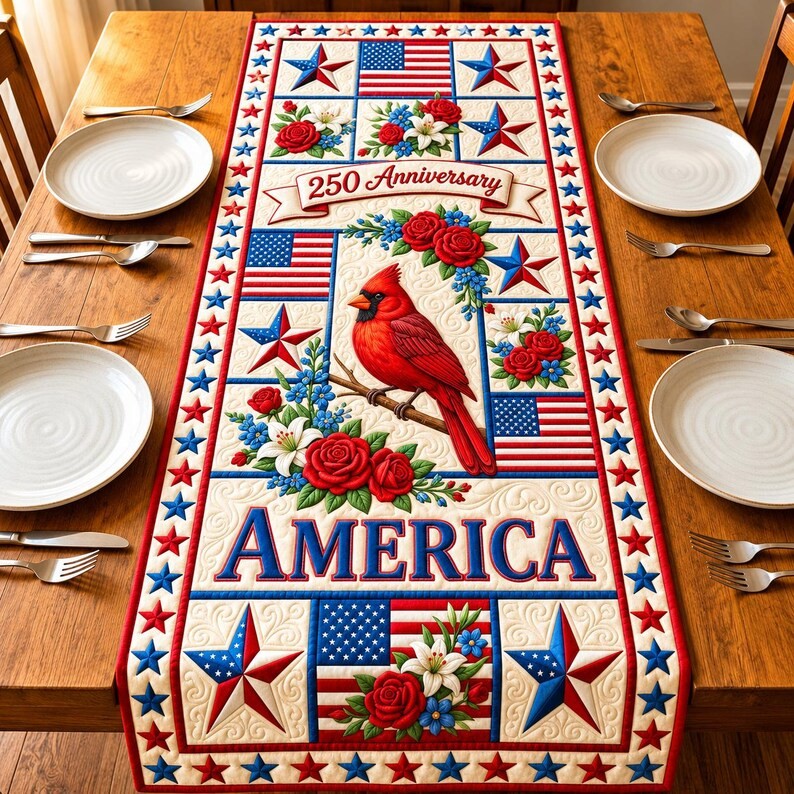 Patriotic Americana Quilted Table Runner for America 250th Anniversary Dining Room Decor
