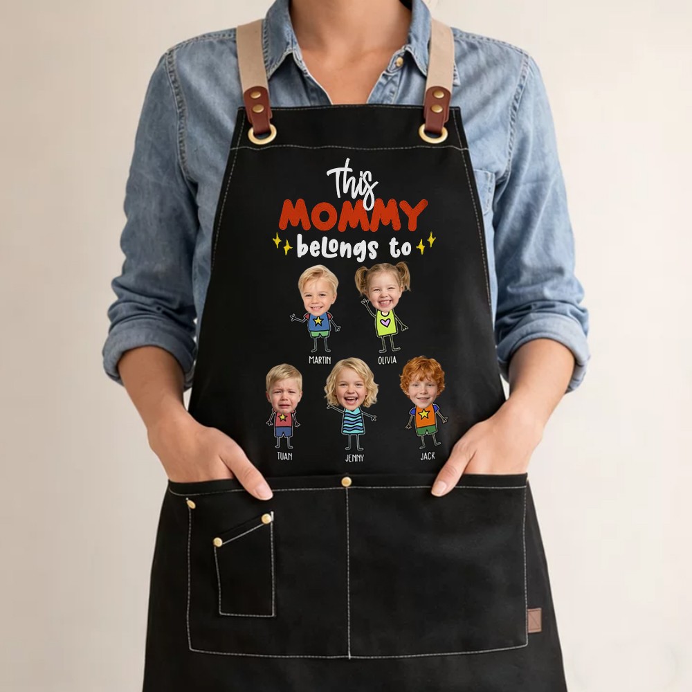 Custom Mom's Kitchen Crew Apron Featuring Kids Cartoon Mother's Day Gift