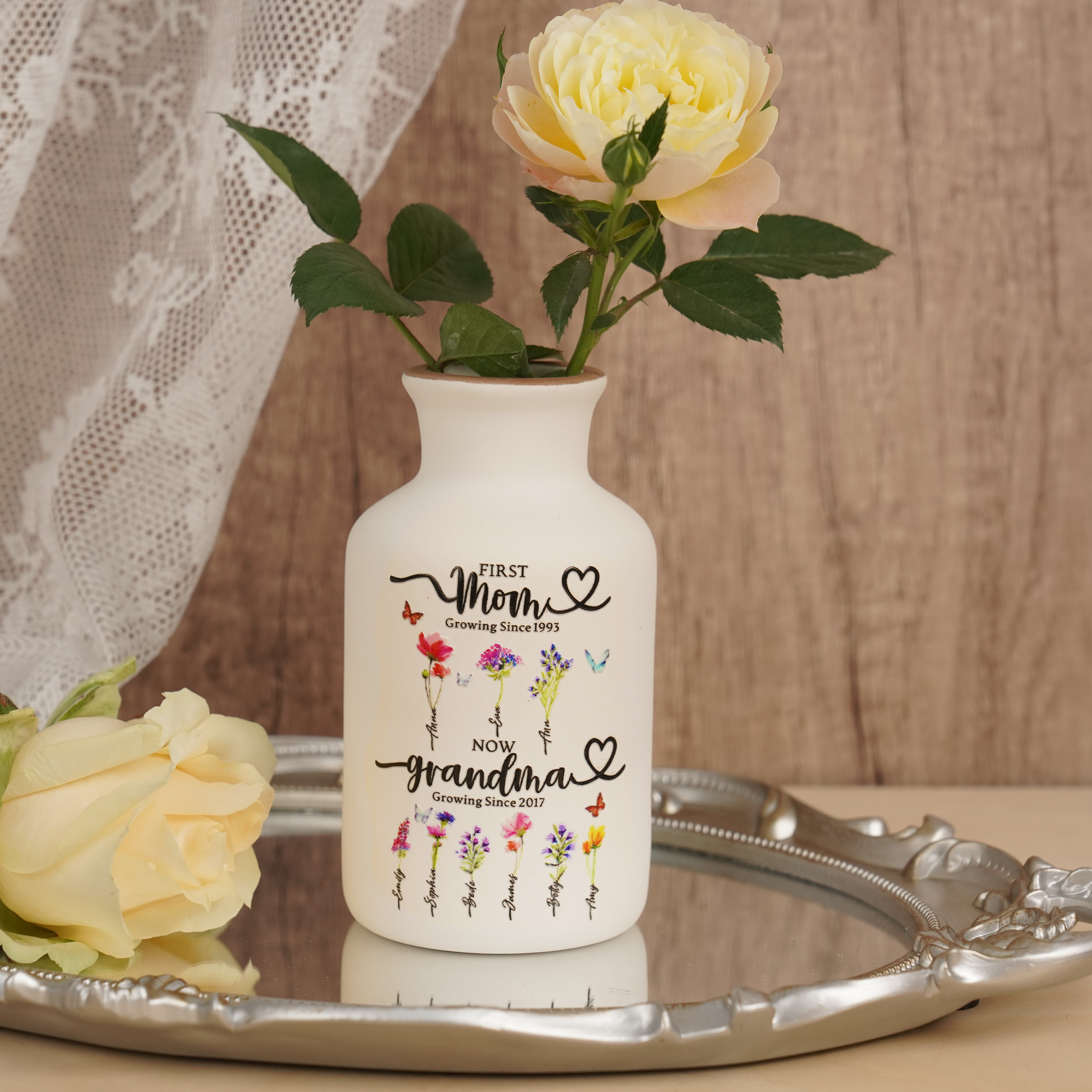 Personalized Grandma's Garden Vase With Grandkids Name and Birth Flowers For Mother's Day