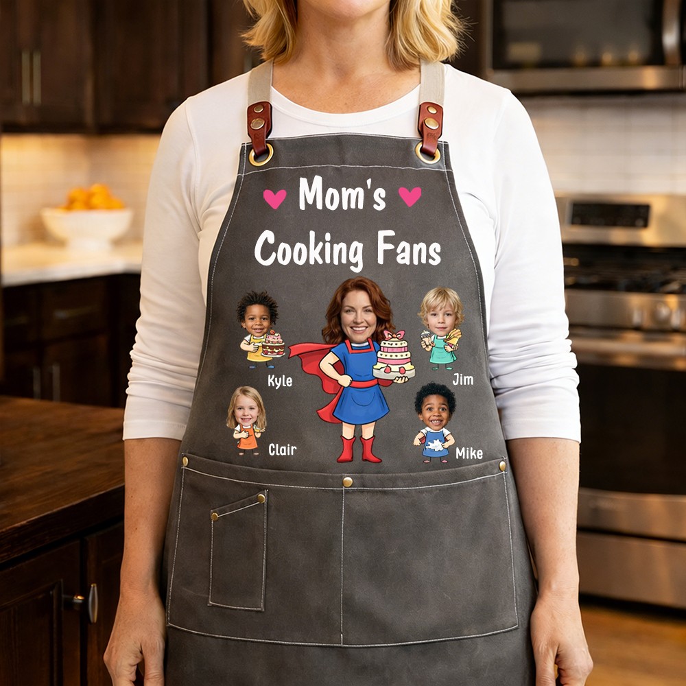 Custom Mom's Kitchen Crew Apron Featuring Kids Cartoon Mother's Day Gift
