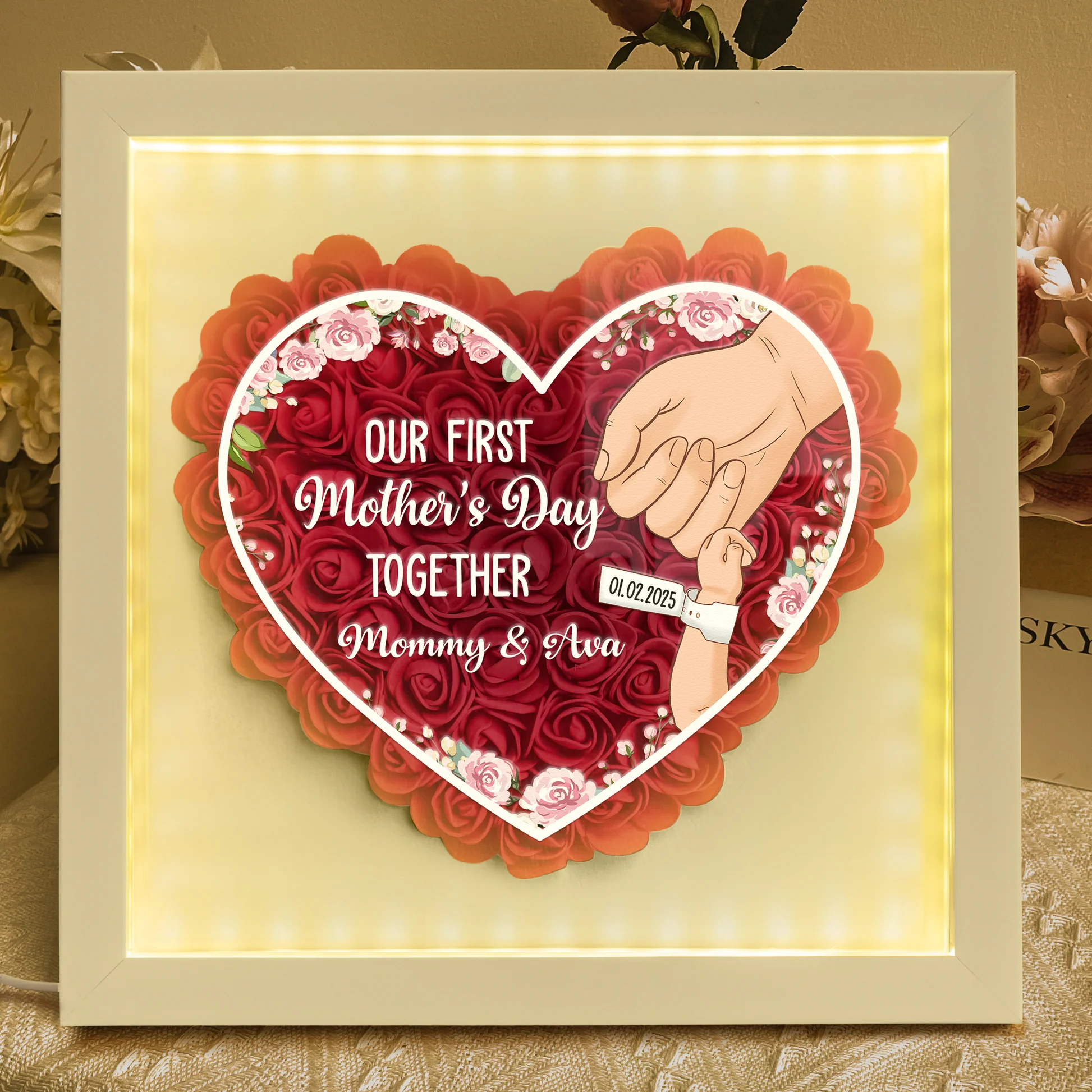 Personalized Our First Mother's Day Together Flower Shadow Box With LED Ligh