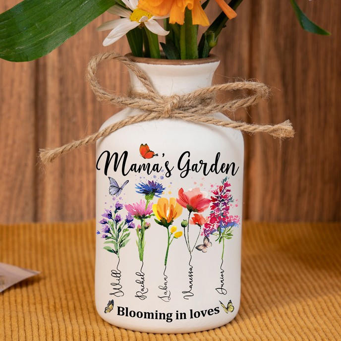 Personalized Family Garden Vase With Grandkids Name and Birth Month Flower For Mother's Day