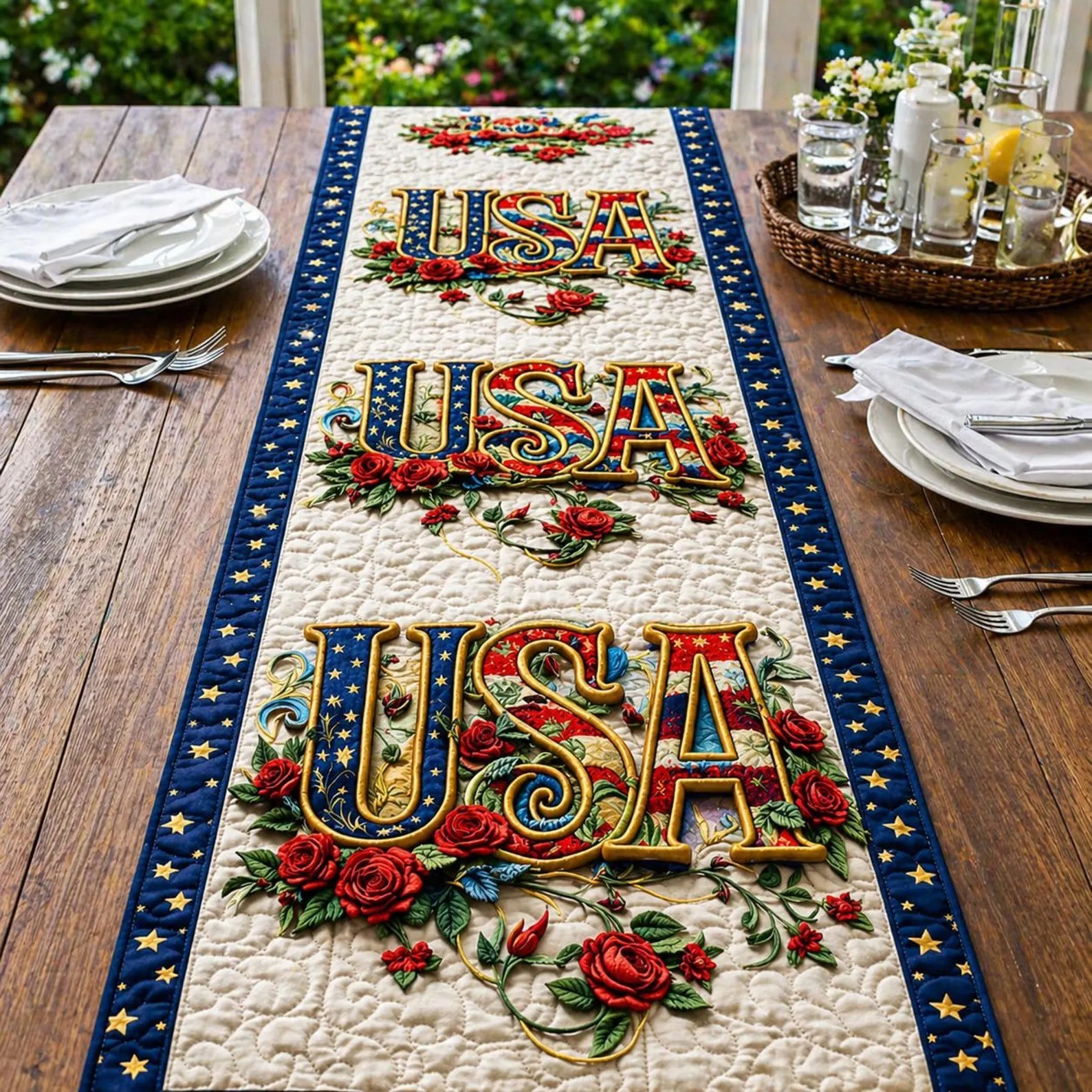 Patriotic Americana Quilted Table Runner for America 250th Anniversary Dining Room Decor