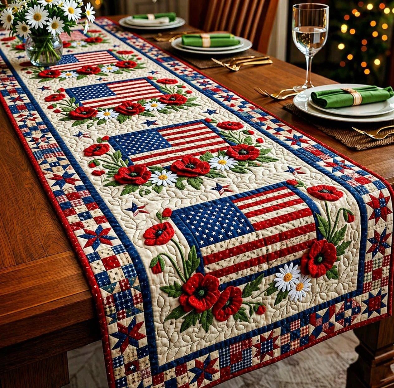 Patriotic Americana Quilted Table Runner for America 250th Anniversary Dining Room Decor
