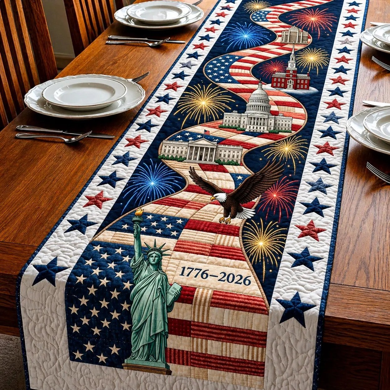 Patriotic Americana Quilted Table Runner for America 250th Anniversary Dining Room Decor