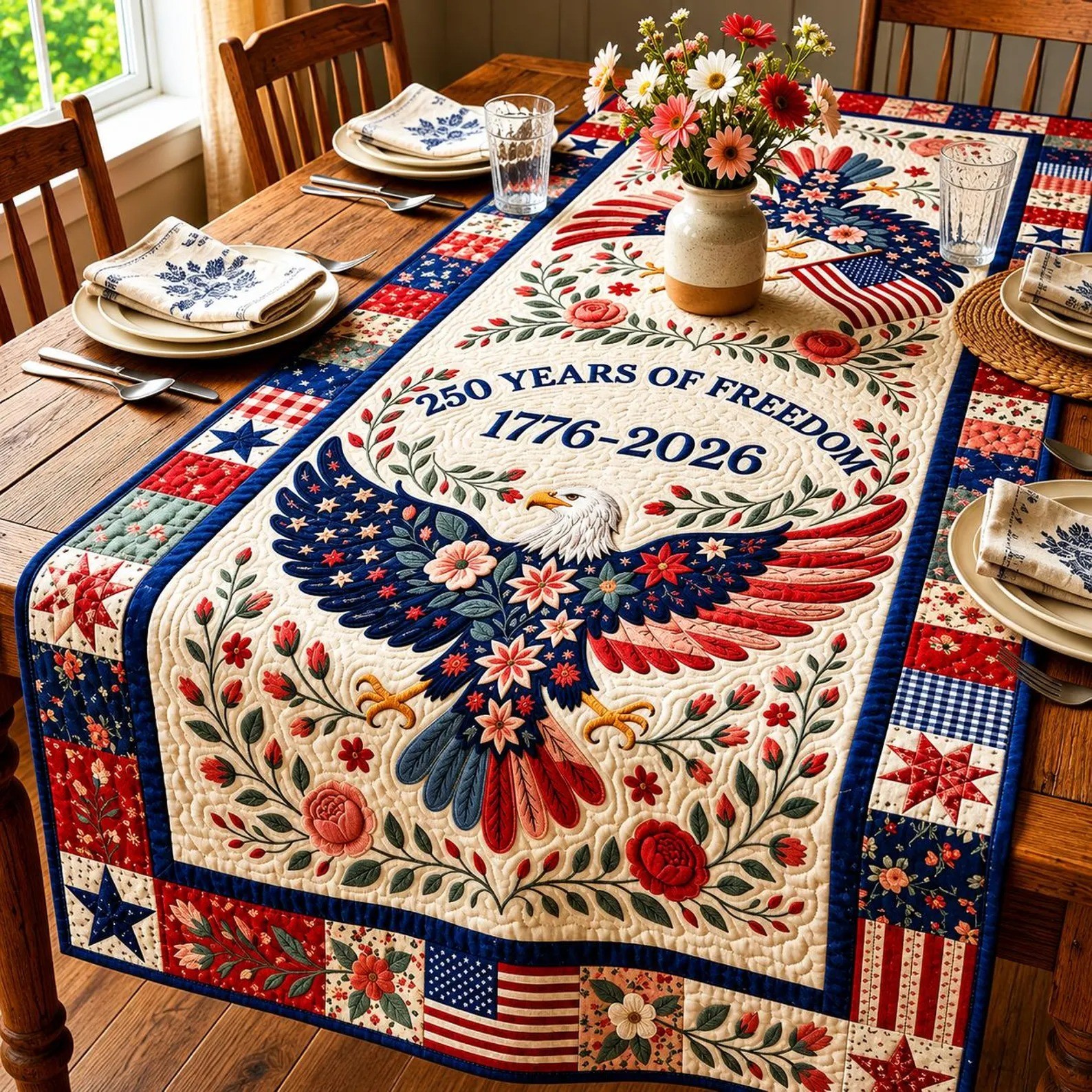 Patriotic Americana Quilted Table Runner for America 250th Anniversary Dining Room Decor