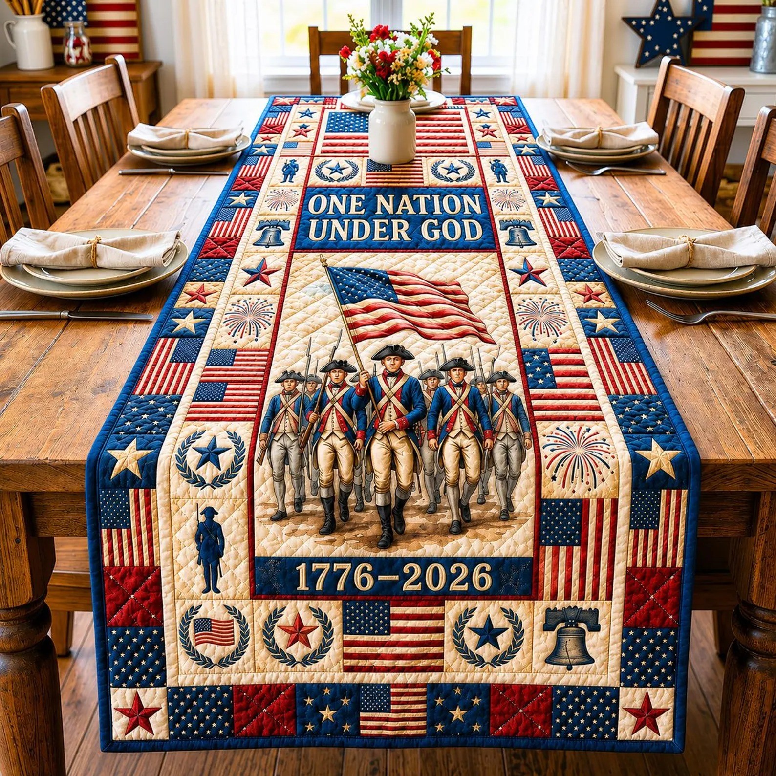 Patriotic Americana Quilted Table Runner for America 250th Anniversary Dining Room Decor