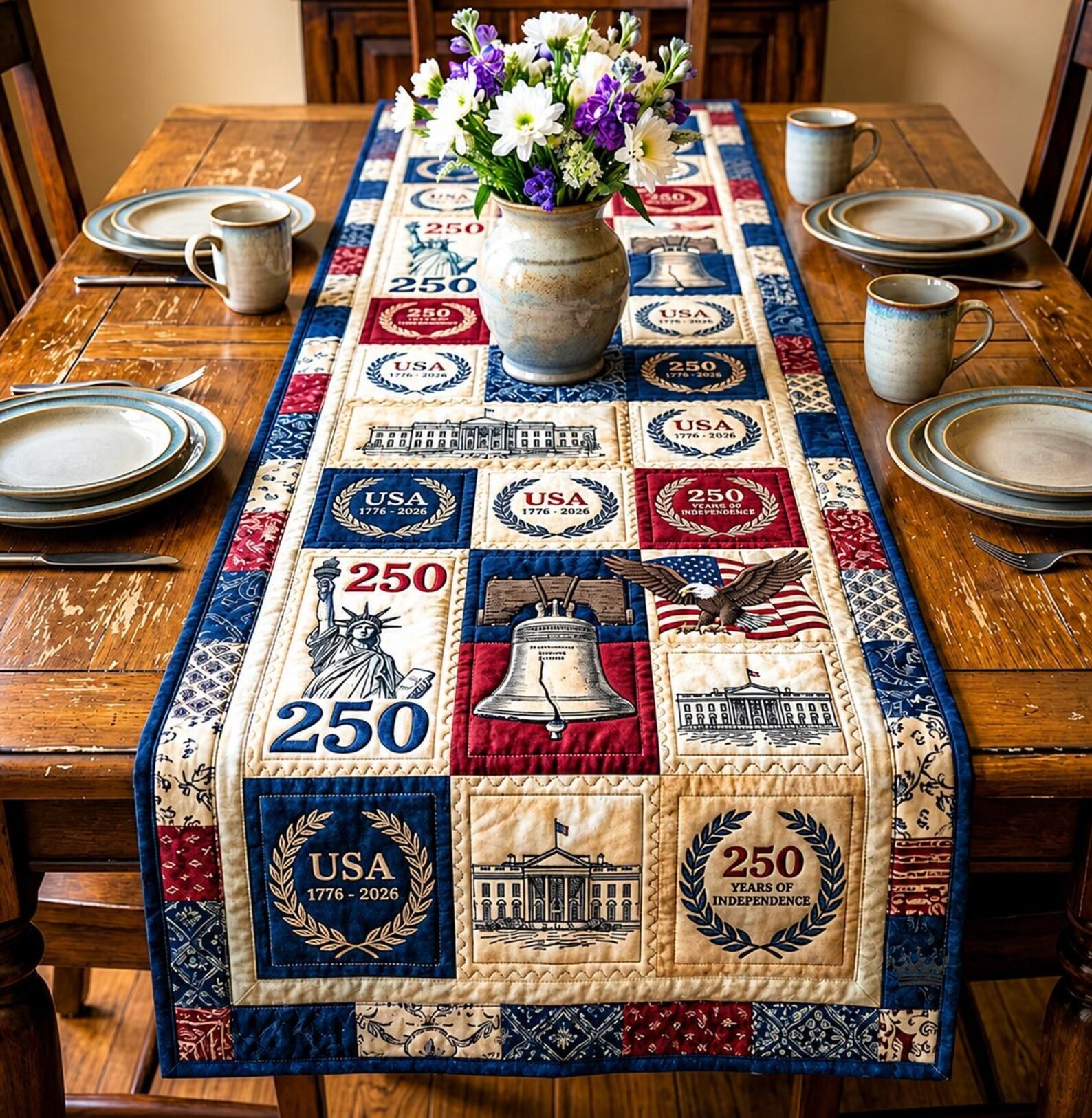 Patriotic Americana Quilted Table Runner for America 250th Anniversary Dining Room Decor
