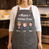 Custom Mom's Kitchen Crew Apron Featuring Kids Cartoon Mother's Day Gift