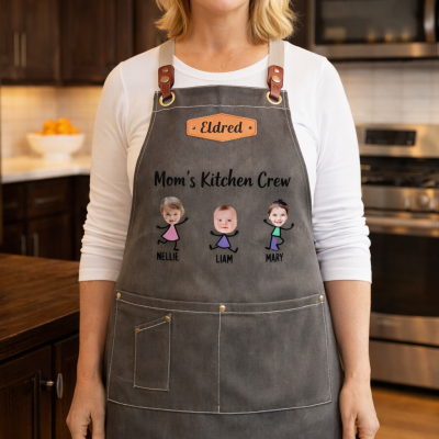 Custom Mom's Kitchen Crew Apron Featuring Kids Cartoon Mother's Day Gift