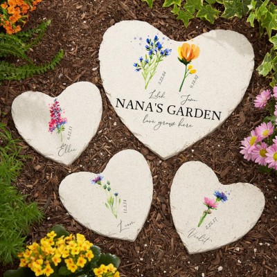 Personalized Birth Month Flower Heart Garden Stone with Names For Mother's Day