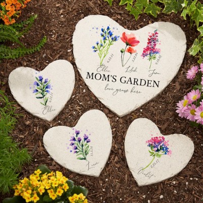 Personalized Birth Month Flower Heart Garden Stone with Names For Mother's Day