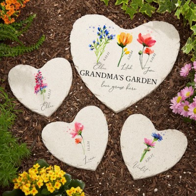 Personalized Birth Month Flower Heart Garden Stone with Names For Mother's Day