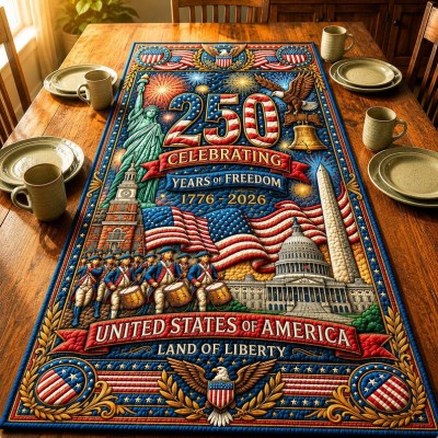 Patriotic Americana Quilted Table Runner for America 250th Anniversary Dining Room Decor
