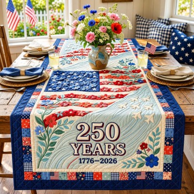 Patriotic Americana Quilted Table Runner for America 250th Anniversary Dining Room Decor