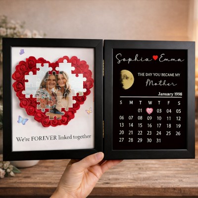 Personalized Puzzle Photo Flower Shadow Box With Real Moon Phase Calendar
