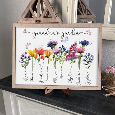 Personalized Grandma's Garden Frame Sign With Grandchildren Names and Birth Flower For Mother's Day Gift
