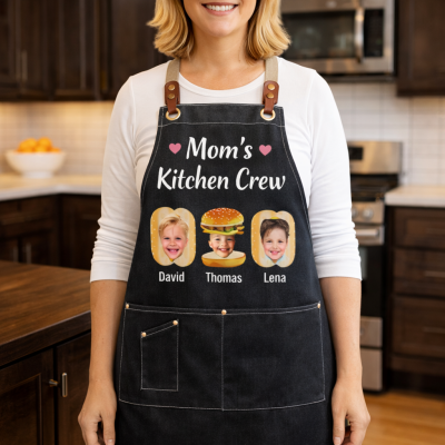 Custom Mom's Kitchen Crew Apron Featuring Kids Cartoon Mother's Day Gift