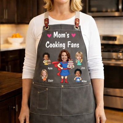 Custom Mom's Kitchen Crew Apron Featuring Kids Cartoon Mother's Day Gift