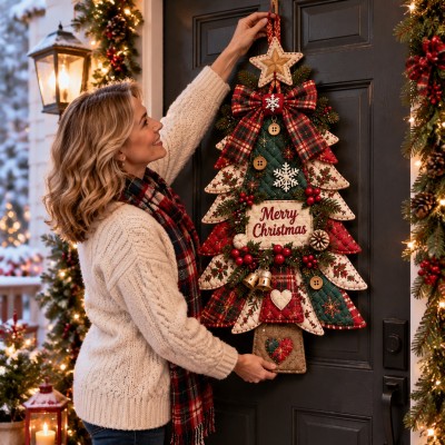 DIY Christmas Tree Hanging Decor Kit, Quilted Patchwork Door Hanger, Farmhouse Christmas Craft Kit with Hand Sewing for Beginners