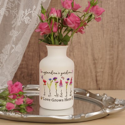 Personalized Family Garden Vase With Grandkids Name and Birth Month Flower For Mother's Day