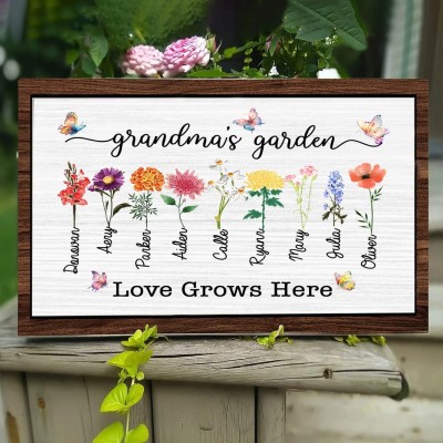 Personalized Grandma's Garden Frame Sign With Grandchildren Names and Birth Flower For Mother's Day Gift
