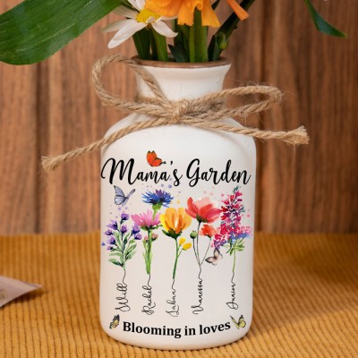 Personalized Family Garden Vase With Grandkids Name and Birth Month Flower For Mother's Day