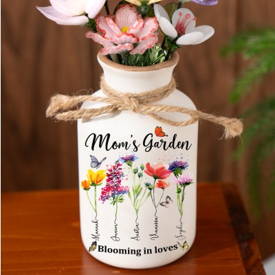 Personalized Family Garden Vase With Grandkids Name and Birth Month Flower For Mother's Day