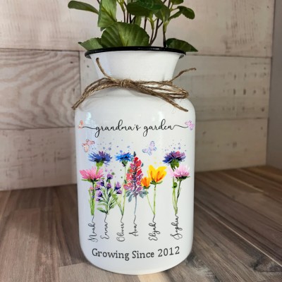 Personalized Family Garden Vase With Grandkids Name and Birth Month Flower For Mother's Day