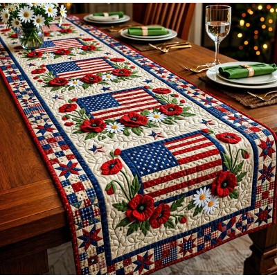 Patriotic Americana Quilted Table Runner for America 250th Anniversary Dining Room Decor