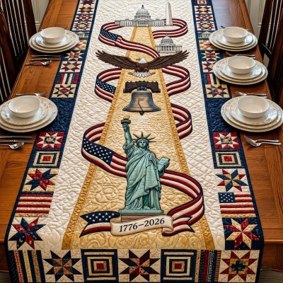 Patriotic Americana Quilted Table Runner for America 250th Anniversary Dining Room Decor