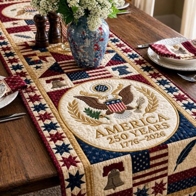 Patriotic Americana Quilted Table Runner for America 250th Anniversary Dining Room Decor