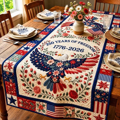 Patriotic Americana Quilted Table Runner for America 250th Anniversary Dining Room Decor